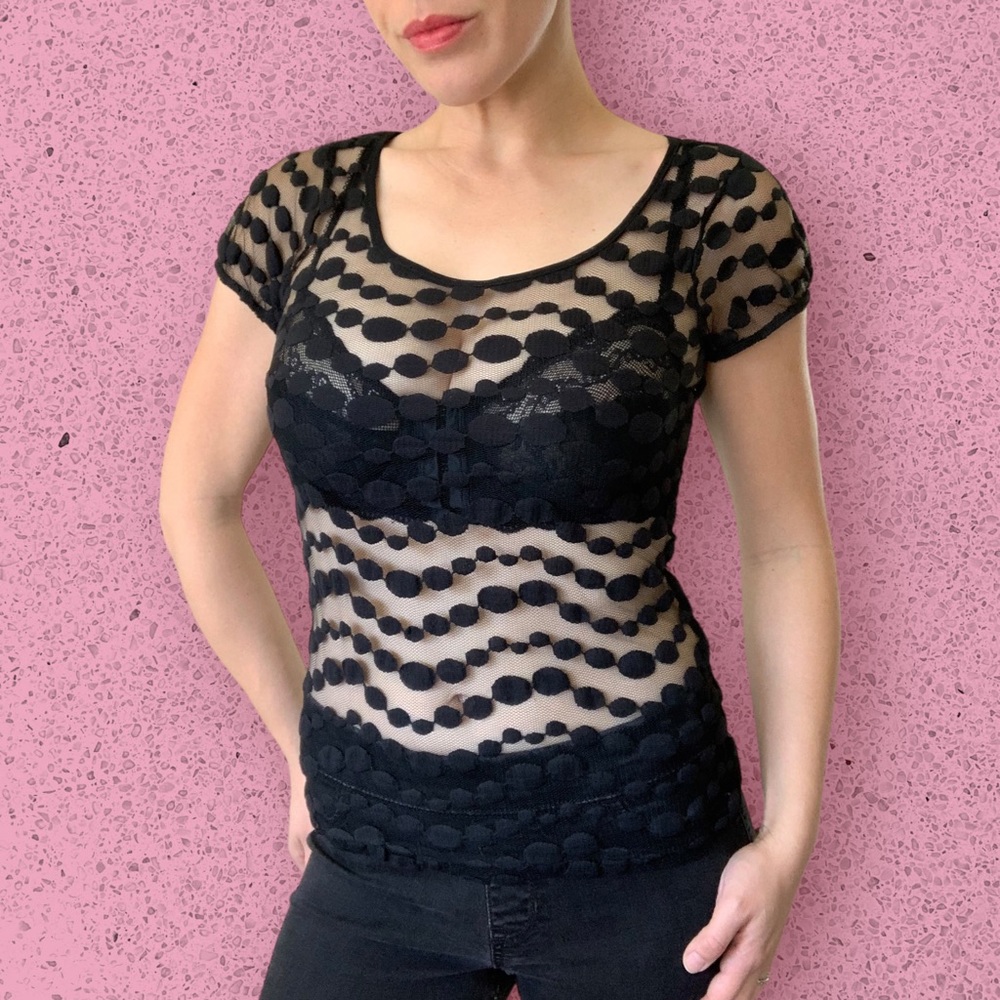 Vintage Y2K Black Geometric Circle Stripe Sheer Mesh Lace Short Sleeved Top